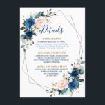 Romantic Navy Blue Blush Floral Geometric Wedding  Informatiekaartje<br><div class="desc">Waterverf Navy Blue Royal Blauwe blauwe, roze Floral Rustic Boho Modern geometric Wedding Details Card met zilver geometrisch lijst. Ideaal voor een valbruiloft. Het ontwerp is voorzien van een verbluffend boeket van Navy blue blush bloemen / rozen met bijbehorende bladeren. Zoek meer overeenkomende design en variaties in mijn winkel met...</div>