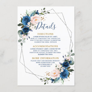 Romantic Navy Blue Blush Floral Geometric Wedding Informatiekaartje