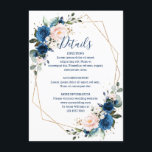 Romantic Navy Blue Blush Floral Geometric Wedding Informatiekaartje<br><div class="desc">Romantische waterverf marineblauw blos roze Bloemen Rustieke Boho Modern geometrisch Bruiloft Details Kaart met gouden geometrisch lijst. Perfect voor een herfstbruiloft. Het ontwerp is voorzien van een prachtig boeket van marineblauw, perzikbloemen / rozen met bijpassende bladeren. Vind meer bijpassende design en variaties in mijn "blissweddingpaperie" winkel. En voel je vrij...</div>