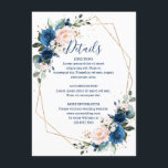 Romantic Navy Blue Blush Floral Geometric Wedding Informatiekaartje<br><div class="desc">Romantische waterverf marineblauw blos roze Bloemen Rustieke Boho Modern geometrisch Bruiloft Details Kaart met gouden geometrisch lijst. Perfect voor een herfstbruiloft. Het ontwerp is voorzien van een prachtig boeket van marineblauw, perzikbloemen / rozen met bijpassende bladeren. Vind meer bijpassende design en variaties in mijn "blissweddingpaperie" winkel. En voel je vrij...</div>