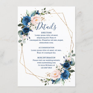 Romantic Navy Blue Blush Floral Geometric Wedding Informatiekaartje