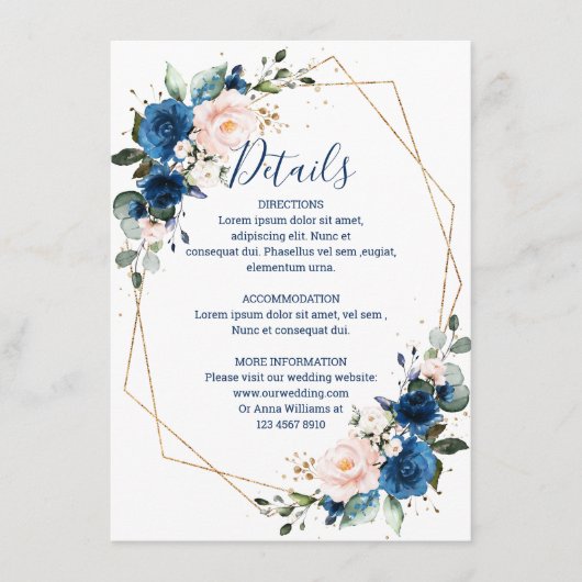 Romantic Navy Blue Blush Floral Geometric Wedding Informatiekaartje (Voorkant)