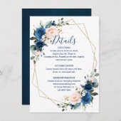 Romantic Navy Blue Blush Floral Geometric Wedding Informatiekaartje (Voorkant / Achterkant)