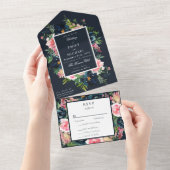 Romantic Navy Blue Blush Pink Floral All In One Uitnodiging (Afscheurbaar)