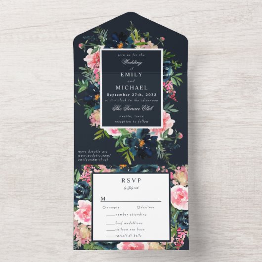 Romantic Navy Blue Blush Pink Floral All In One Uitnodiging (Binnen)
