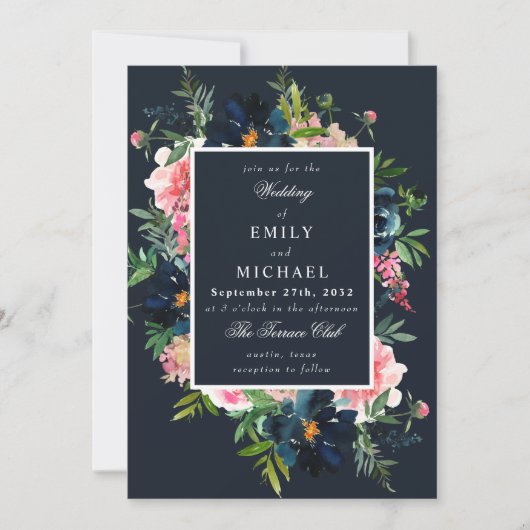Romantic Navy Blue Blush Pink Floral Kaart (Voorkant)