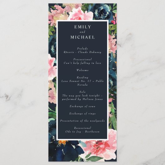 Romantic Navy Blue Blush Pink Floral Programmakaart (Voorkant)