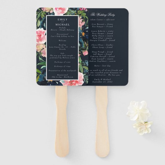 Romantic Navy Blue Blush Pink Floral Programme Handwaaier (Voorkant en achterkant)