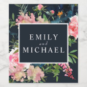 Romantic Navy Blue Blush Pink Floral Wijn Etiket (Enkel label)