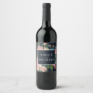 Romantic Navy Blue Blush Pink Floral Wijn Etiket