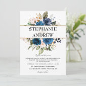 Romantic Navy Blue Blush Roos Floral Wedding Kaart (Staand voorkant)