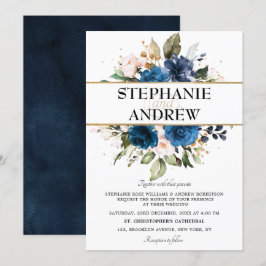 Romantic Navy Blue Blush Roos Floral Wedding Kaart