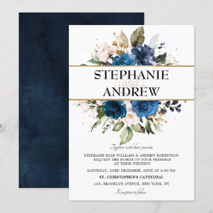 Romantic Navy Blue Blush Roos Floral Wedding Kaart