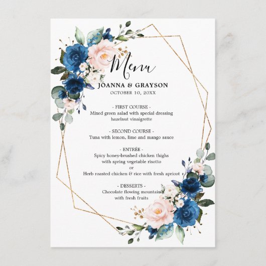 Romantic Navy Blue Blush Roos Menu (Voorkant)