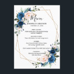 Romantic Navy Blue Blush Roos Menu<br><div class="desc">Elegante en moderne romantische geometrische waterverf bloemenbruiloft menukaart met een boeket marineblauw, koningsblauw, blush roze, Paarse, perzik waterverf rozen met bijpassend gebladerte. Perfect voor een herfst / midzomer bruiloft. Vind meer bijpassende design en variaties uit mijn "blissweddingpaperie" winkel. En neem gerust contact met mij op voor verdere aanpassingen of overeenkomende...</div>
