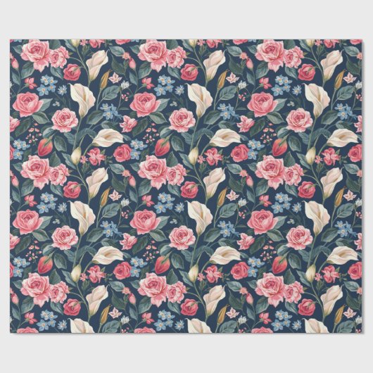 Romantic Navy Blue Floral Garden Pattern Cadeaupapier (Vlak)