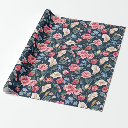Romantic Navy Blue Floral Garden Pattern Cadeaupapier (Uitgerold)