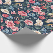Romantic Navy Blue Floral Garden Pattern Cadeaupapier (Hoek)
