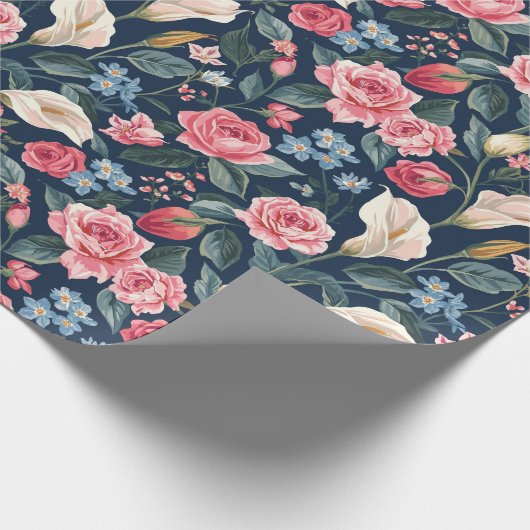 Romantic Navy Blue Floral Garden Pattern Cadeaupapier (Hoek)