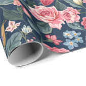 Romantic Navy Blue Floral Garden Pattern Cadeaupapier (Rol Hoek)