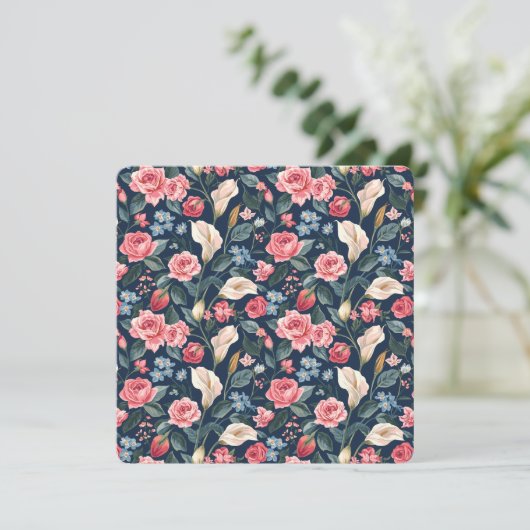 Romantic Navy Blue Floral Garden Pattern Feestdagenkaart (Staand voorkant)