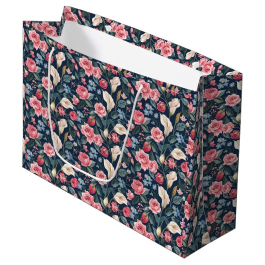 Romantic Navy Blue Floral Garden Pattern Groot Cadeauzakje (Voorkant Gekanteld)
