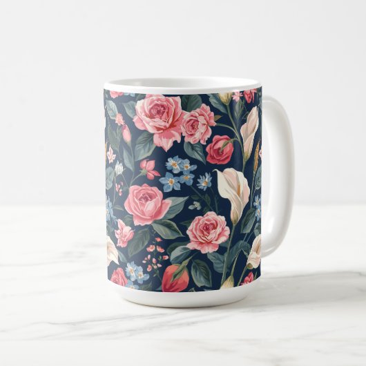 Romantic Navy Blue Floral Garden Pattern Koffiemok (Voorkant rechts)