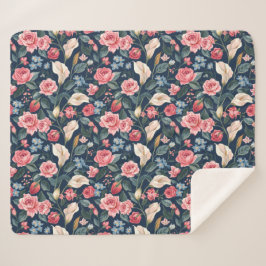 Romantic Navy Blue Floral Garden Pattern Sherpa Deken