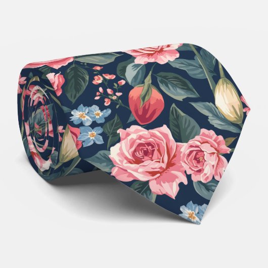 Romantic Navy Blue Floral Garden Pattern Stropdas (Opgerold)