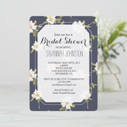 Romantic Navy Blue White Floral Bridal shower Kaart (Staand voorkant)
