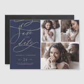 Romantic Navy Calligraphy 3 Photo Save the Date Magnetische Uitnodiging (Voorkant / Achterkant)