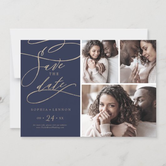 Romantic Navy Calligraphy 3 Photo Save the Date Magnetische Uitnodiging (Voorkant)