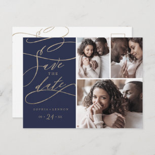 Romantic Navy Calligraphy 3 Photo Save the Date Uitnodiging Briefkaart