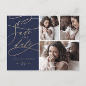 Romantic Navy Calligraphy 3 Photo Save the Date Uitnodiging Briefkaart (Voorkant)