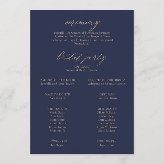 Romantic Navy Calligraphy Flat Wedding Programme Programmakaart (Achterkant)