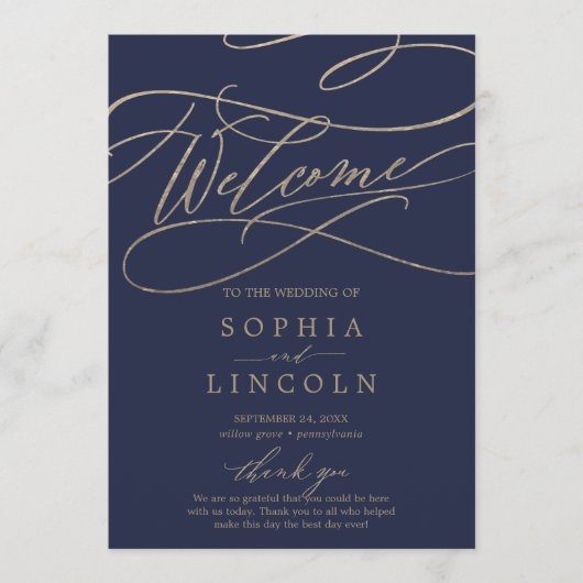 Romantic Navy Calligraphy Flat Wedding Programme Programmakaart (Voorkant)