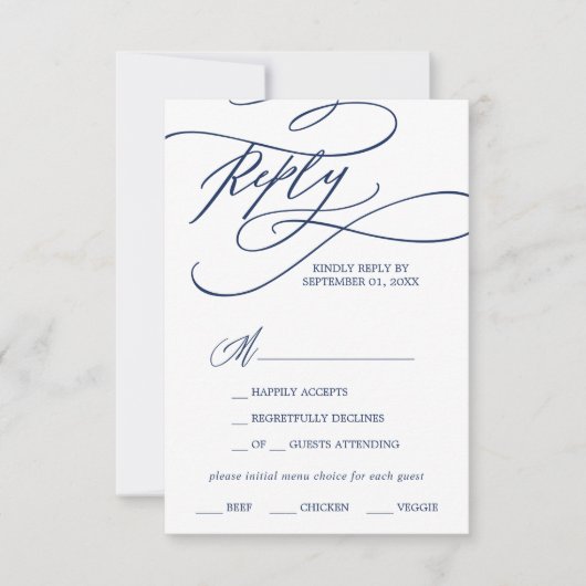 Romantic Navy Calligraphy Menu Keuze RSVP-kaart (Voorkant)