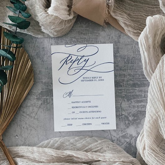 Romantic Navy Calligraphy Menu Keuze RSVP-kaart
