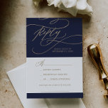 Romantic Navy Calligraphy Music Request RSVP Card<br><div class="desc">Deze romantische marinemuziek vraagt om RSVP-kaart voor een eenvoudige bruiloft. Het moderne klassieke ontwerp is voorzien van fancy draden en grillen met prachtige elegante handgeschreven faux champagne Gold folie-typografie. Bouw je trouwgastenlijst en je dansvloerzang allemaal tegelijk! Deze trouwreactiekaart vraagt gasten gemakkelijk of ze je bruiloft kunnen bijwonen, en ook welk...</div>