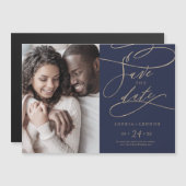 Romantic Navy Calligraphy Photo Save the Date Magnetische Uitnodiging (Voorkant / Achterkant)