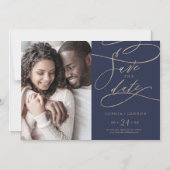 Romantic Navy Calligraphy Photo Save the Date Magnetische Uitnodiging (Voorkant)