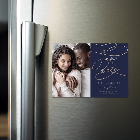 Romantic Navy Calligraphy Photo Save the Date Magnetische Uitnodiging