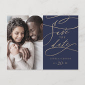 Romantic Navy Calligraphy Photo Save the Date Uitnodiging Briefkaart (Voorkant)