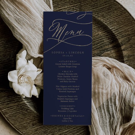 Romantic Navy Calligraphy Wedding Dinner Menu