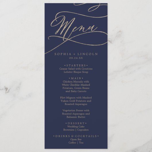 Romantic Navy Calligraphy Wedding Dinner Menu (Voorkant)