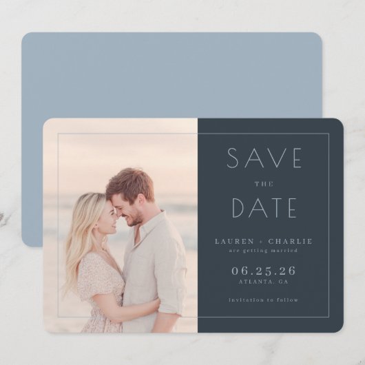 Romantic Navy Minimalist Photo Save The Date (Voorkant / Achterkant)