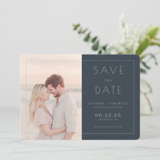 Romantic Navy Minimalist Photo Save The Date (Staand voorkant)