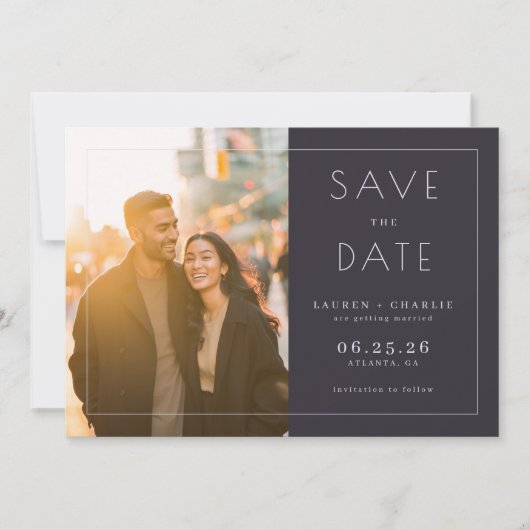 Romantic Navy Minimalist Photo Save The Date (Voorkant)