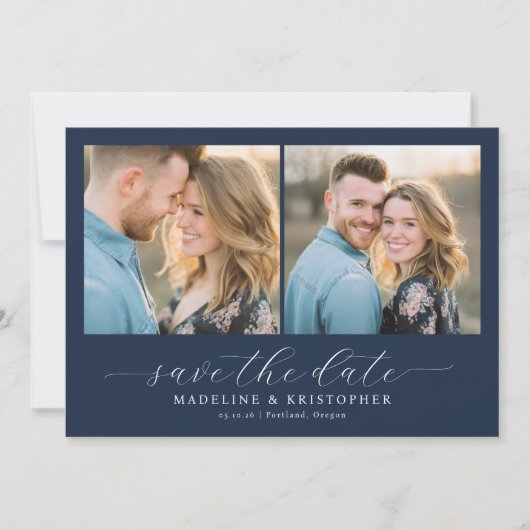 Romantic Navy Photo Collage Save The Date (Voorkant)