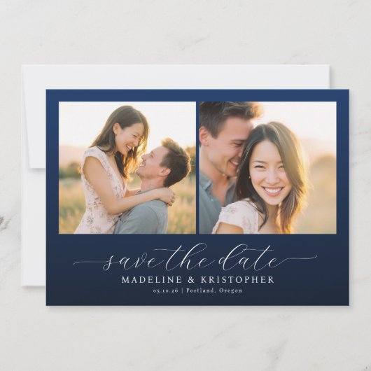Romantic Navy Photo Collage Save The Date (Voorkant)